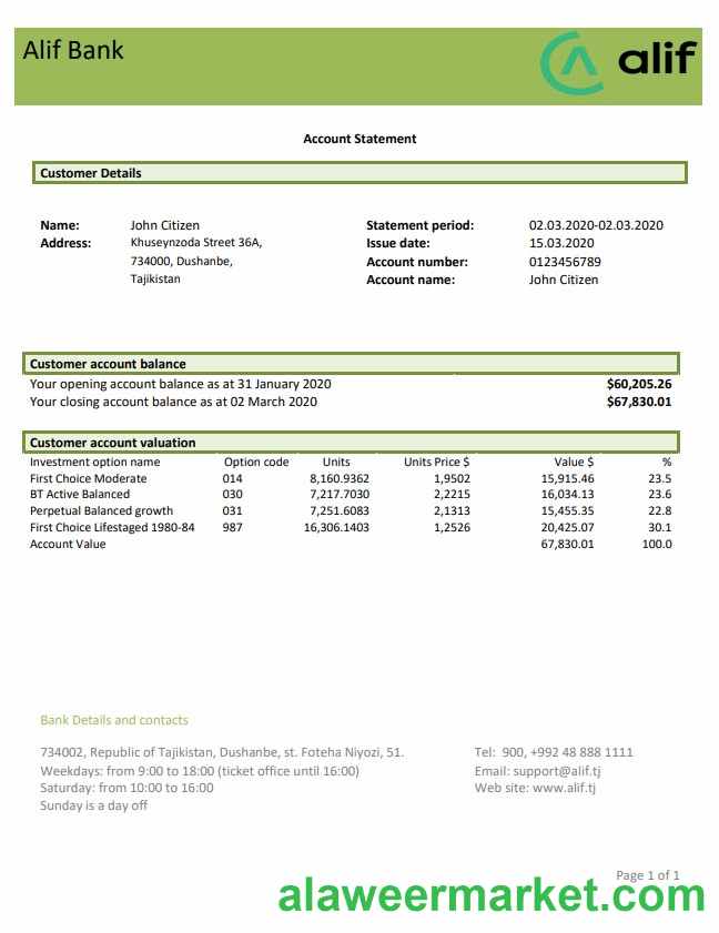Tajikistan Alif Bank statement